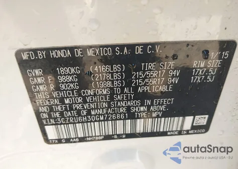 2016 Honda Hr-V Lx from USA, damaged, VIN 3CZRU6H30GM726861